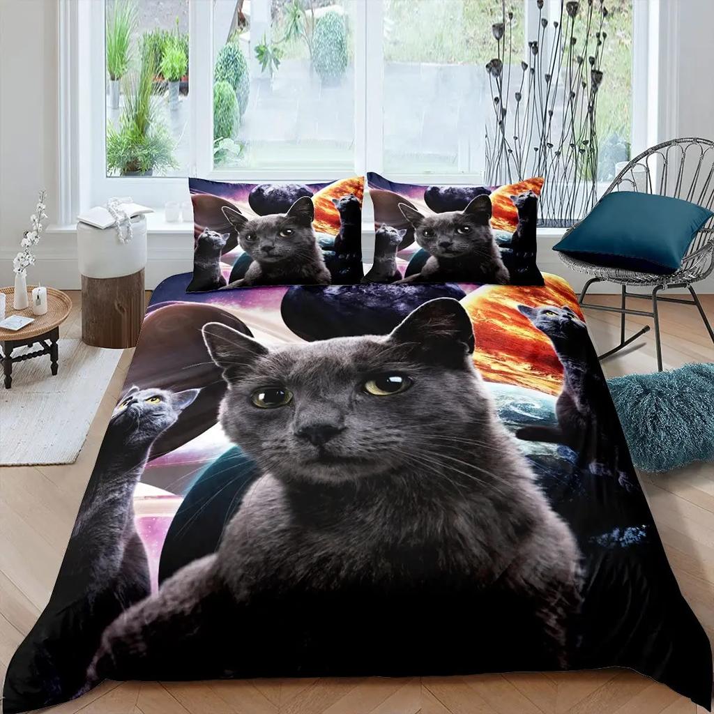 Galaxy Cat Duvet Cover Universe Galaxy for Kids Boy Girl Cute Kitten Printed Outer Space Planets Quilt Cover Bedroom Decorations