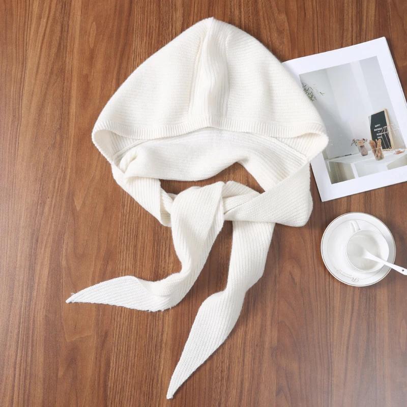 Women's 100% Cashmere Hooded Scarf Windproof Solid Color Knit Soft Shawl Elegant Neck-Protect Fashion Outdoor Winter Accessory