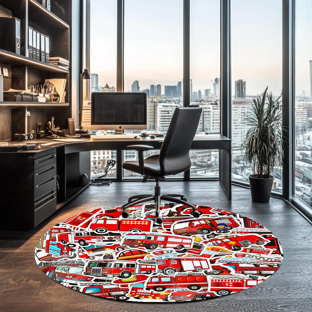 Fire Truck Printed Round Rug Carpet Chair Rug Area Rug Entryway Doormats,for Office Chair Living Room Bedroom Kitchen Room.