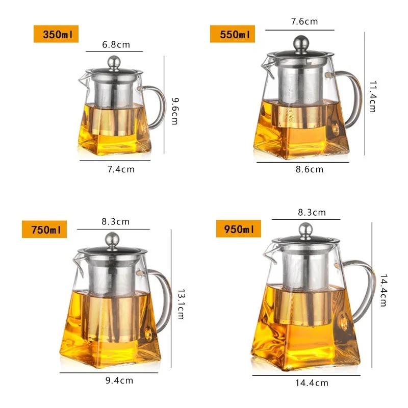 350ml Glass Teapot With Stainless Steel Infuser Heated Container Heat Resistant Tea Pot Good Clear Kettle Square Drinkware