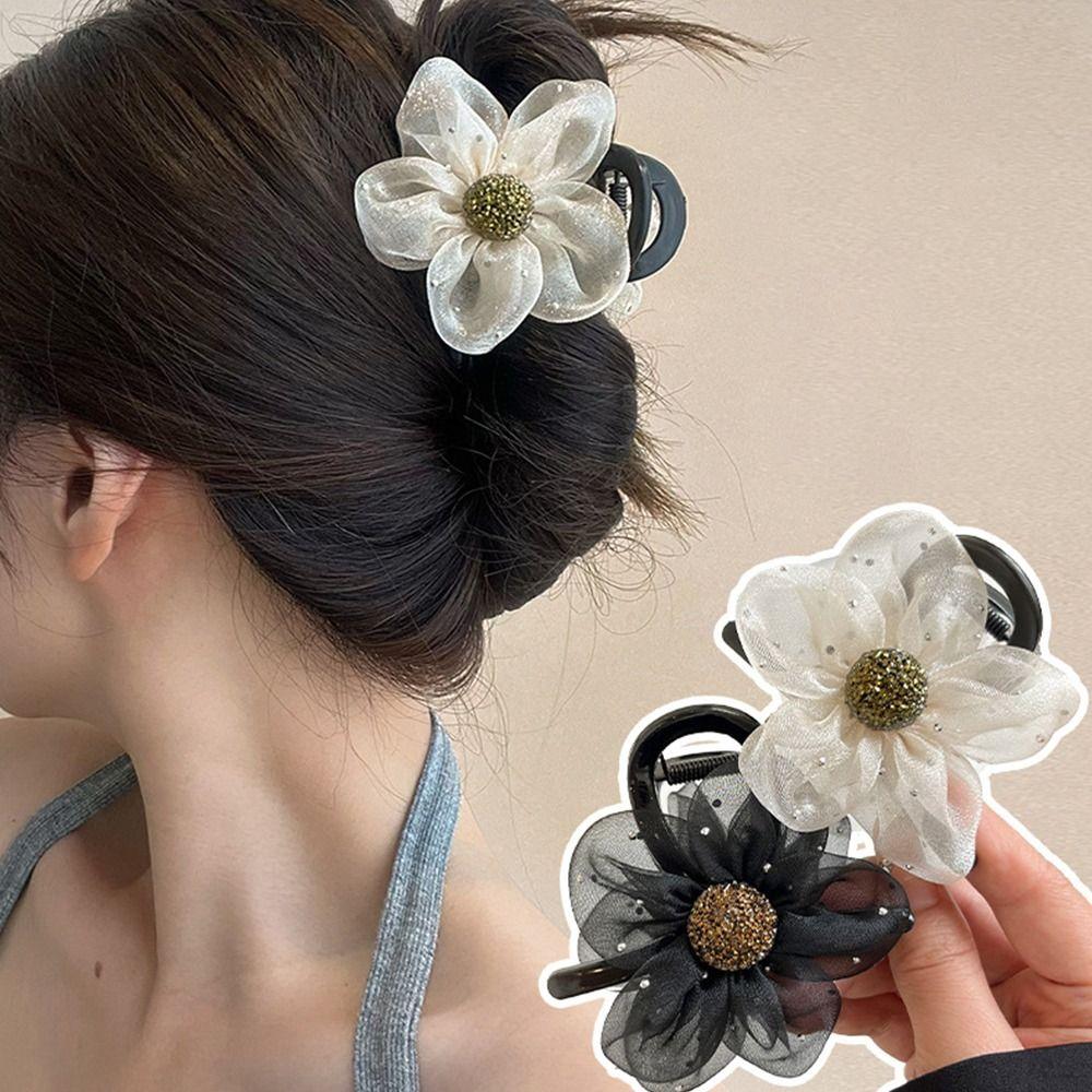 Mesh Rhinestone Hair Claws Hair Clips Simple Solid Color Claw Clip Hairpin Shark Clips  for Women