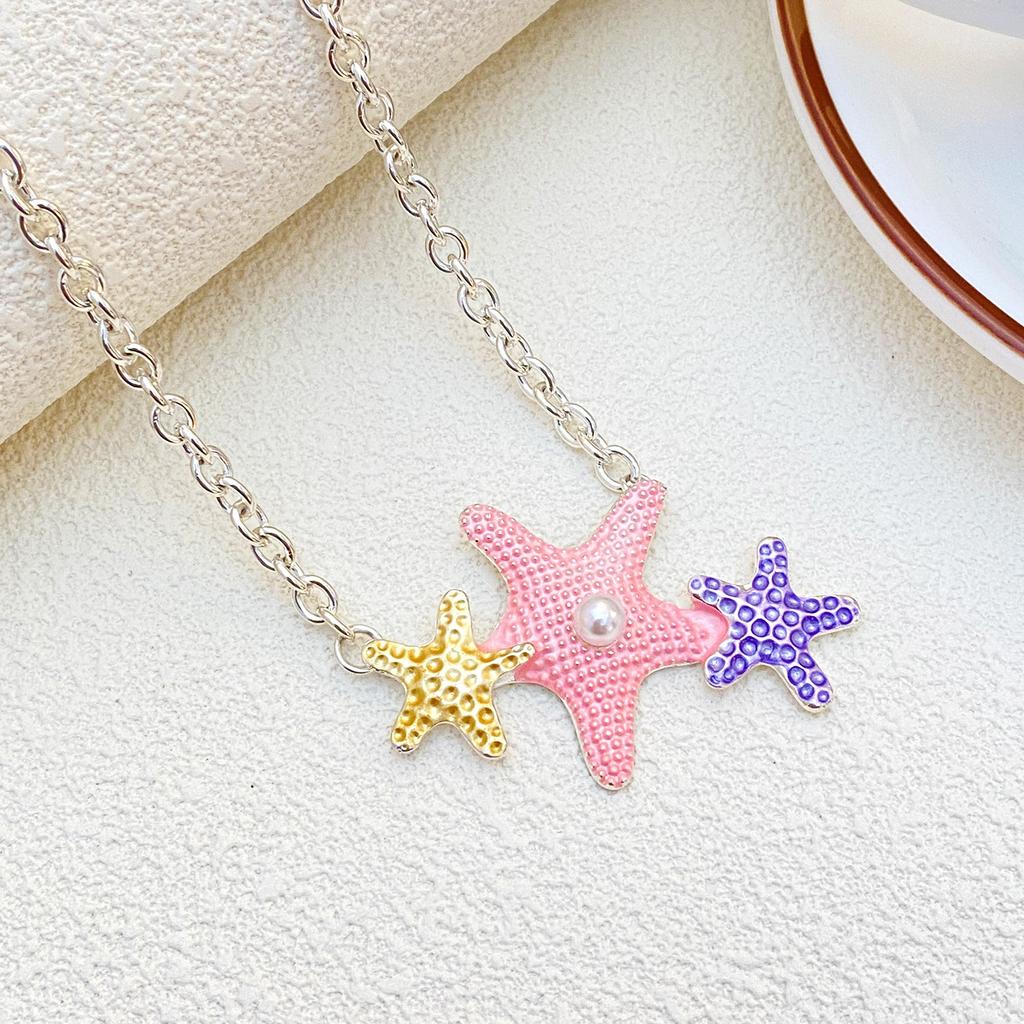 Vacation Style Colorful Starfish Zircon Shell Pendant Zircon Sets Fresh Fashion Necklace Earrings Bracelet Set for Women