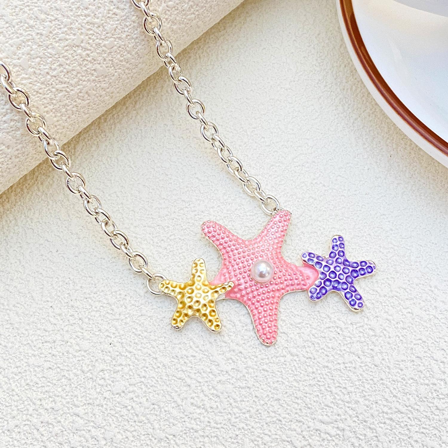 

Vacation Style Colorful Starfish Zircon Shell Pendant Zircon Sets Fresh Fashion Necklace Earrings Bracelet Set for Women 45cm