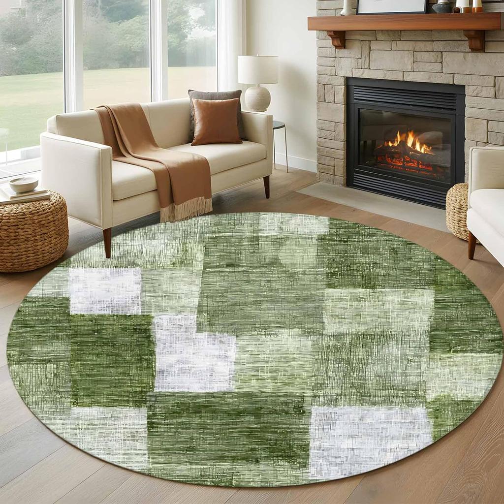 Modern Geometric Brown Round Rug Abstract Checkered Circular Carpet Soft Bedroom Non Slip Floor Mat Decorative Rug Living Room