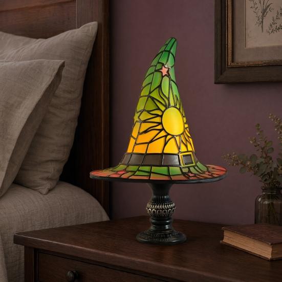 Stained Glass Witch Hat Lamp, USB Powered Night Light for Bedroom Shelf Decor, Halloween Warm Glow Gothic Table Lamp for Home