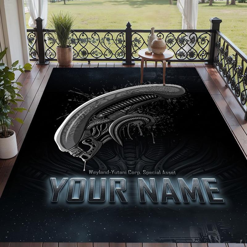 Custom Text Alien Xenomorph Pattern Floor Rug Soft Indoor Carpet Mat Living Room Bedroom