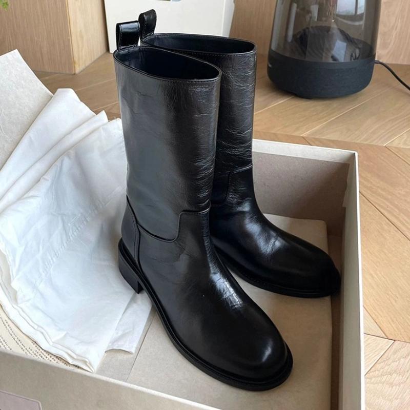 Fashion Autumn Winter Women Mid Calf Boots Female Round Toe Slip On Shoes Street Style Motorcycle Botas Mujer