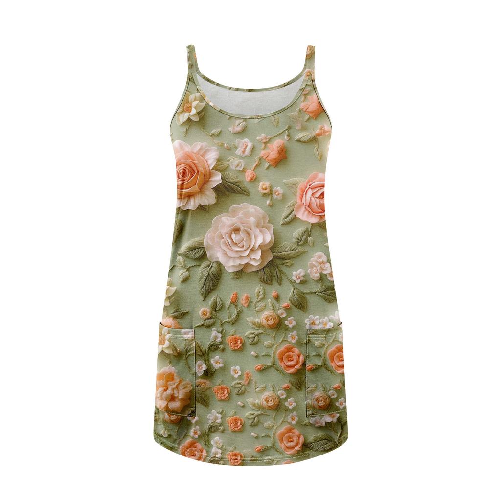 Dame Sommer Casual Stropper Solkjole Med Lommer Kort Strandferie Tankkjoler