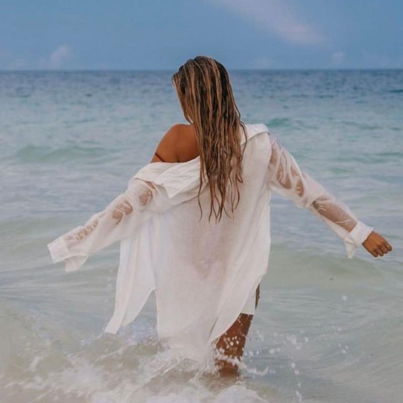 Beach Cover Ups for badetøy Dame Langermede skjorter Tunika Pareo sommerferie badedrakter Strandtøy