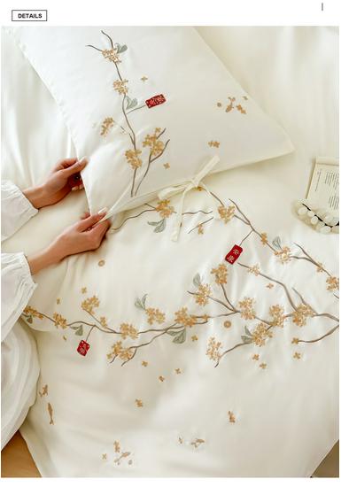 Summer Orchid Tencel Four-Piece Silk Smooth Bedding Set with Embroidered Duvet Cover