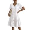 Women's Summer Cotton Linen Midi Short Sleeve Dress Casual V-Neck Button Down