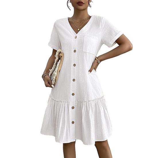 Women's Summer Cotton Linen Midi Dress Casual Short Sleeve V-Neck Button Down Dress Flowy Ruffled A-Line Beach Sundress