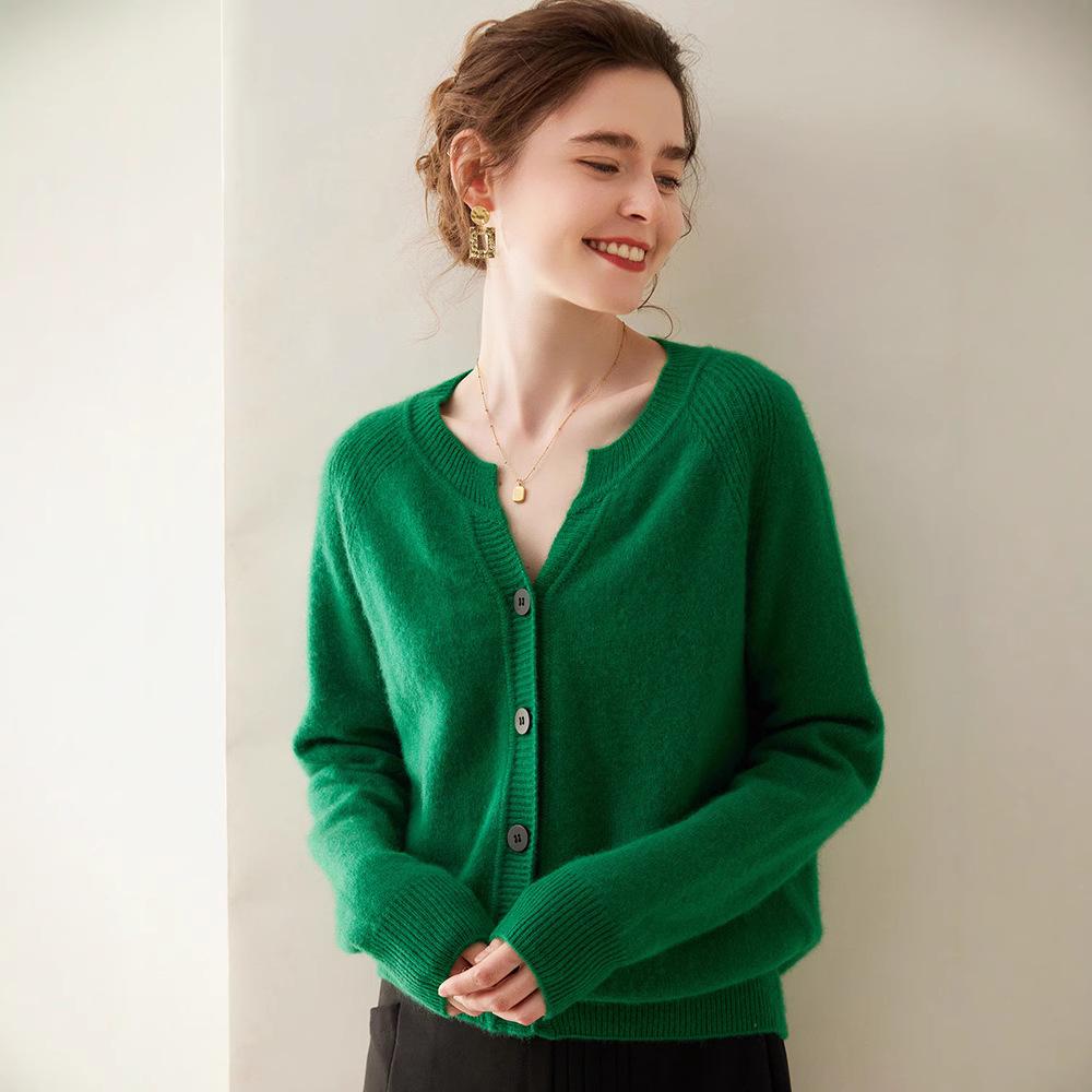 Women's Cashmere Round Neck Cardigan - 2024 Autumn/Winter Collection, Thickened Raglan Loose Knit Sweater, Versatile Outerwear.