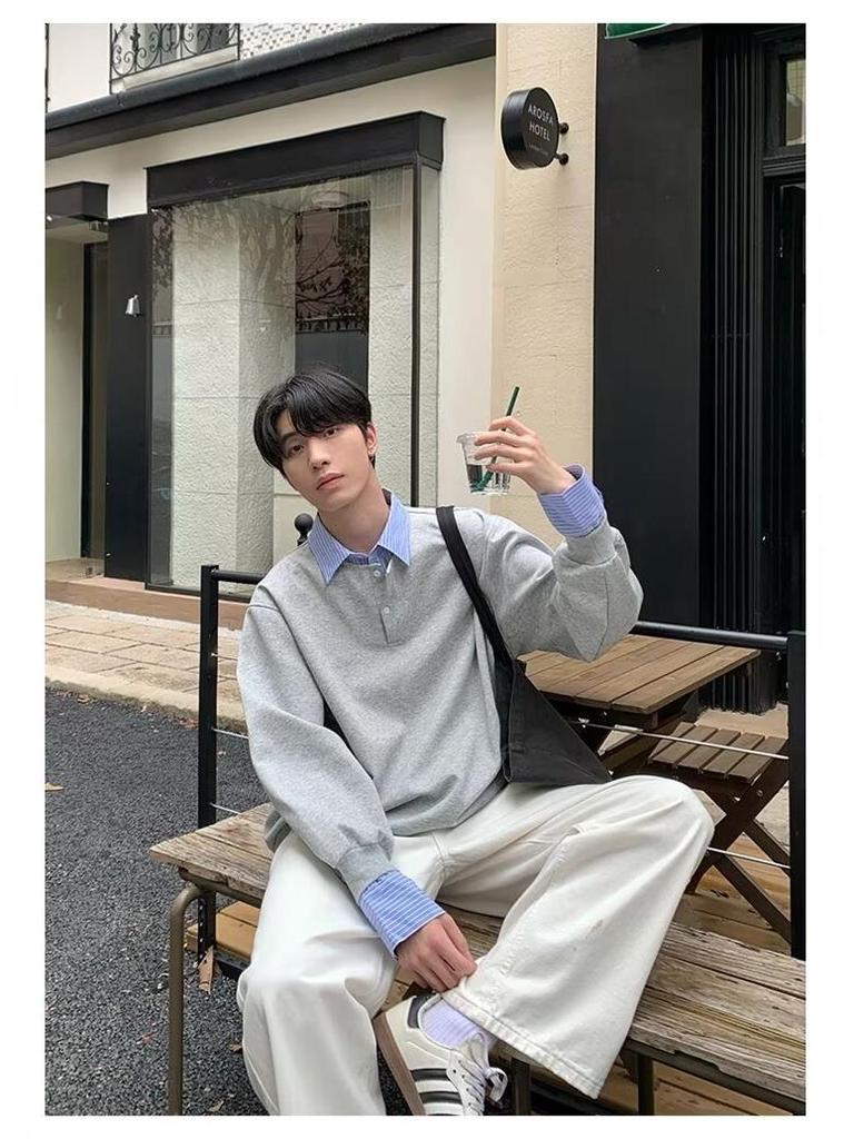 Men's Color-Block Polo Sweatshirt: Fake Two-Piece, Loose Fit, Long Sleeve, Lapel Design, Spring/Autumn Casual Versatile Top.