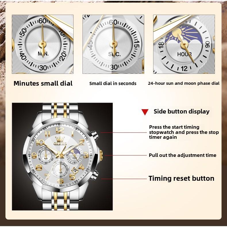 IHUASU Ceas bărbătesc cu trei ochiuri și șase pini, cuarț multifuncțional, ceas bărbătesc