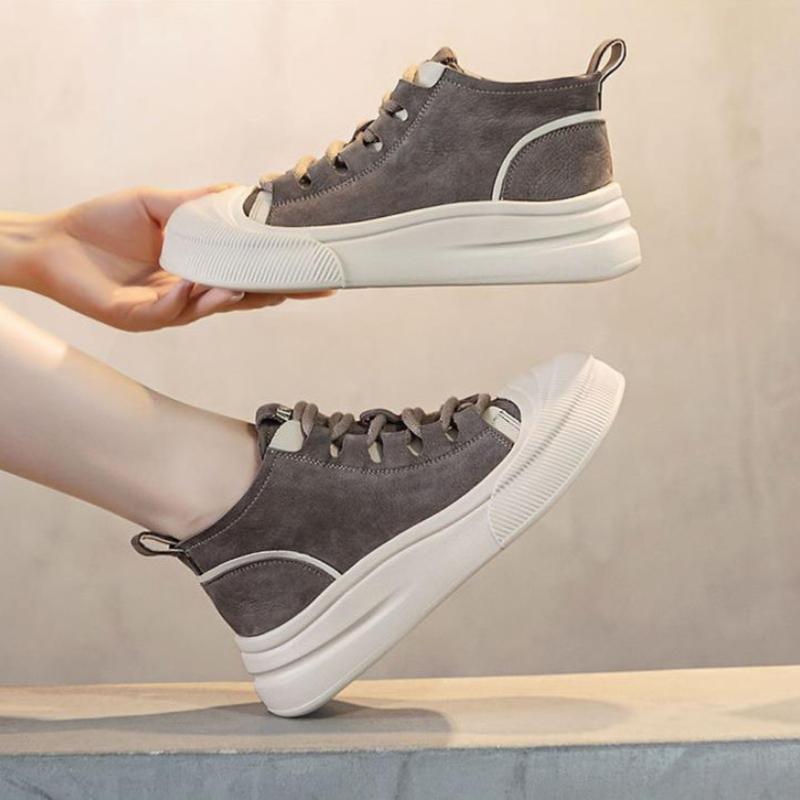 2025 New Women Casual Sneakers Quality Genuine Leather Mixed Colors Flat Platform Lightweight College Style High Top Board Shoes
