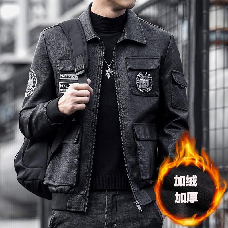 Mens Plus Size Winter PU Leather Jacket Fleece Lined Thickened Biker Coat Slim Fit Embroidered Trendy Streetwear
