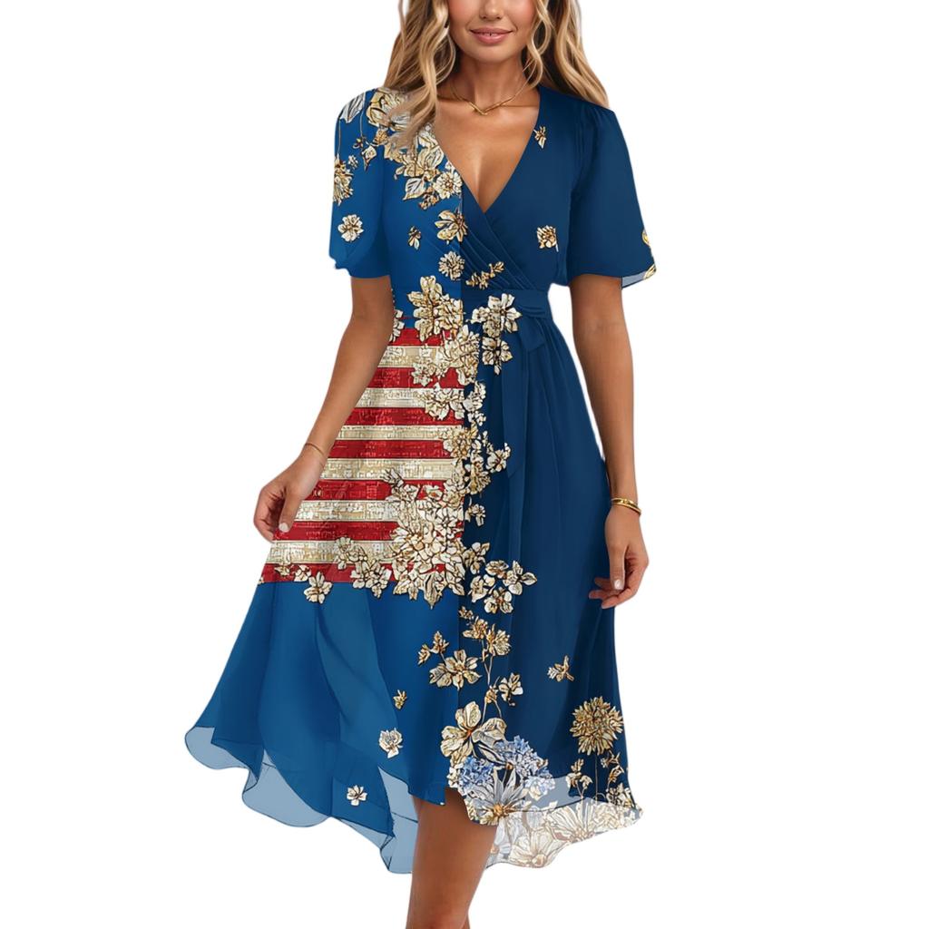 Women's Fashionable Casual V-neck Short-sleeved Independence Day Printed Dress
