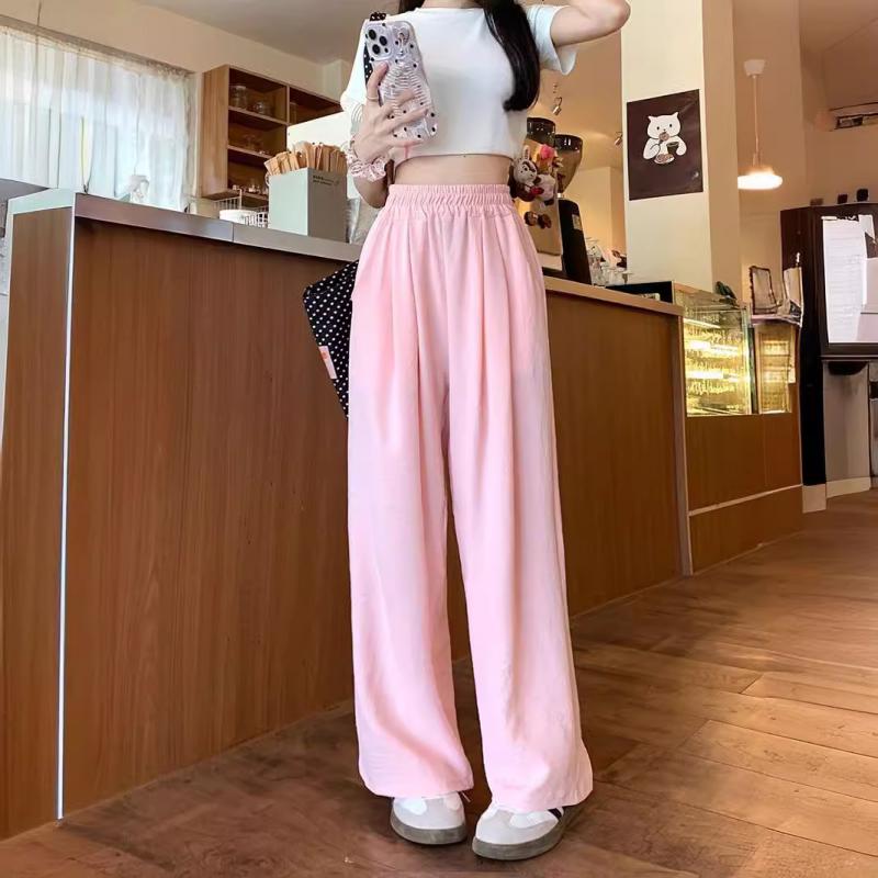 Women Ankle-Length Wide Leg Pants Casual Summer Solid Elastic Waist Loose Ice Silk Pants Spring Summer Female Trousers