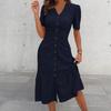 Women's Button Down Ruched Long Dress Casual Short Sleeve V-Neck Maxi Dress Summer Beach A-Line Swing Sundress