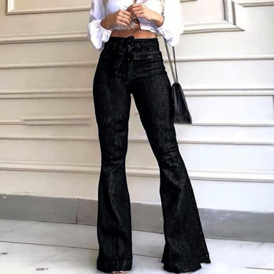 Women Jeans High Stretch Wide-Leg Pants Lace-up Button Zipper Fly