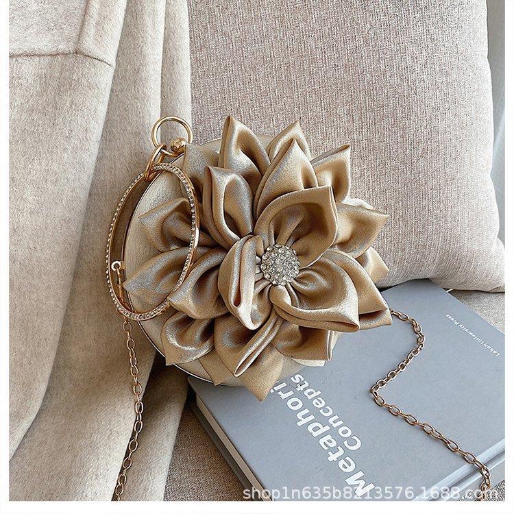 Red Flower Clutch Purse Women Round Evening Bag Crystal Diamond Wedding Silk Handbag Exquisite Chain Shoulder Bags