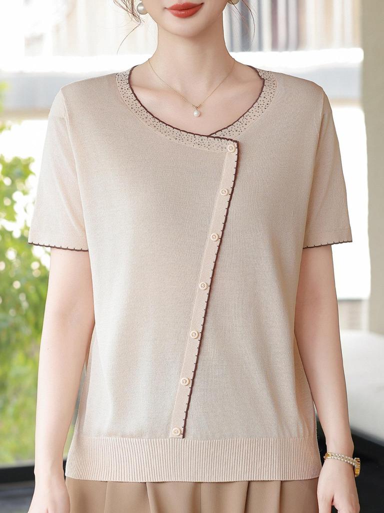 2026 Ice Silk Summer T-Shirt Set for Middle-Aged & Elderly Women: Short-Sleeve, Stylish, Lightweight Knitted Top