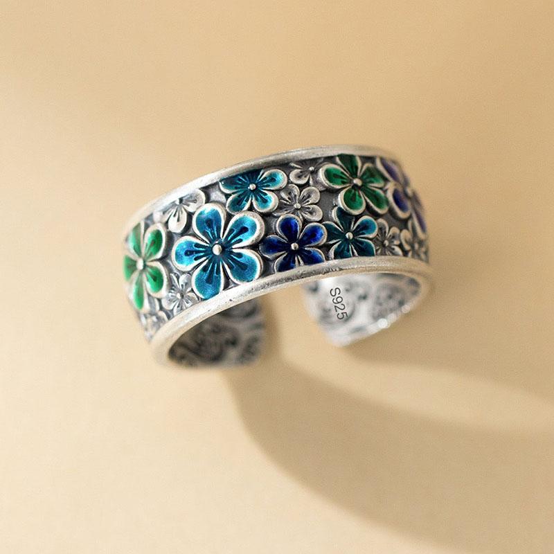 

925 Sterling Silver Rings For Women Geometric Fine Jewelry Finger Adjustable Simple Green Flower Ring For Party Birthday Gift resizable