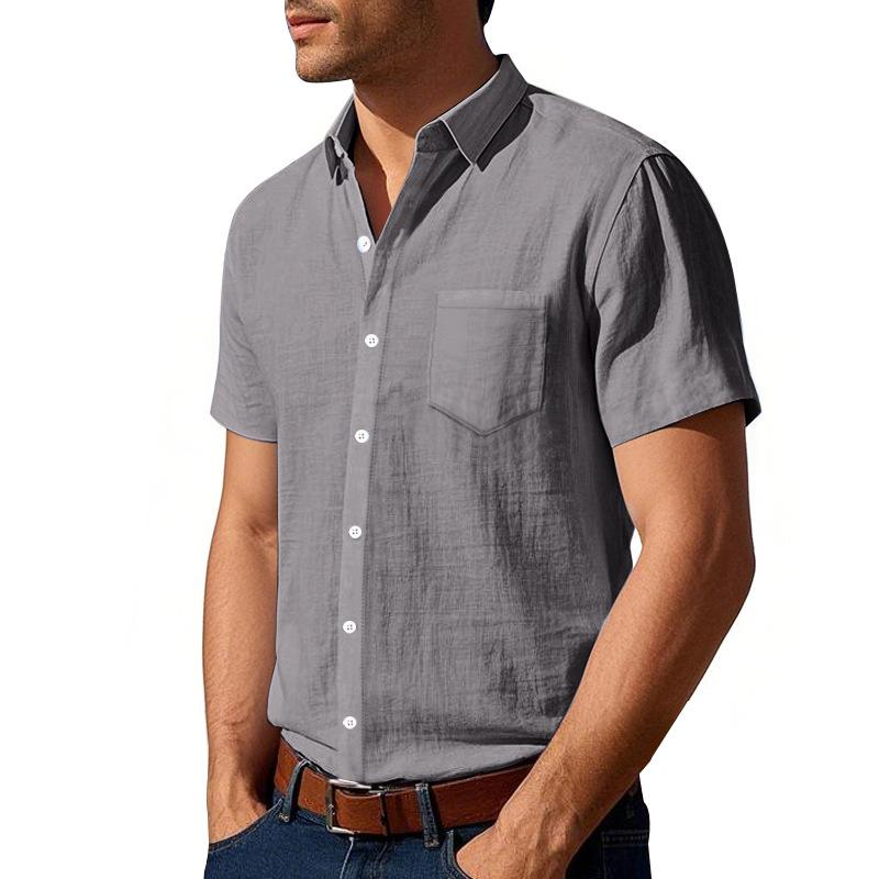 Summer New Style Solid Color Linen Shirt Short-sleeved Men's Lapel Loose Casual Pocket American Shirt