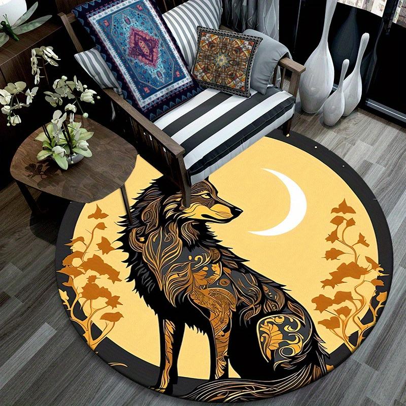 1pc Soft, Absorbent & Non Slip Wolf with Mysterious Patterns Round Rug Soft Circle Rug for Living Room & Bedroom Decor, Chair Mats, and Unfo