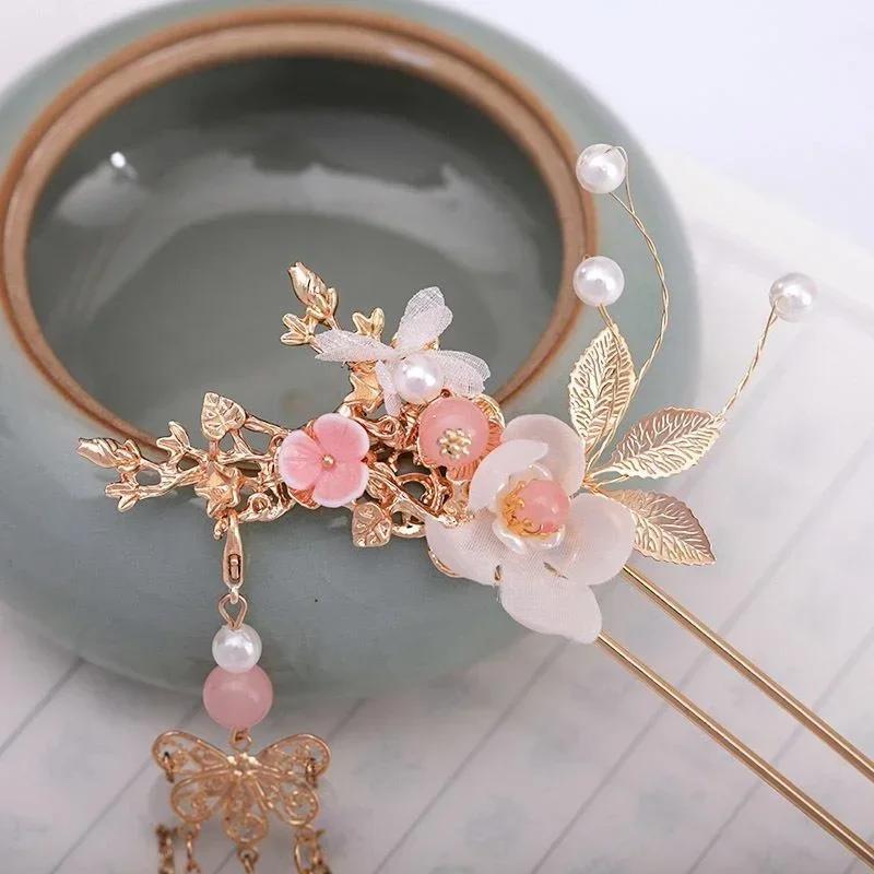 Ancient Chinese Style Women Long Tassel Step Shake Flower Hairpins Clips Hair Combs Earring Jewelry Elegant Headwear for Girls