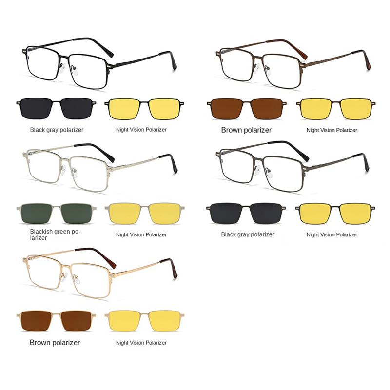 Sunglasses Small Square Stainless Steel Eyeglass Frame Polarizced Clips Magnetic On Glasses Optical Magnet Eyeglasses 3 IN 1