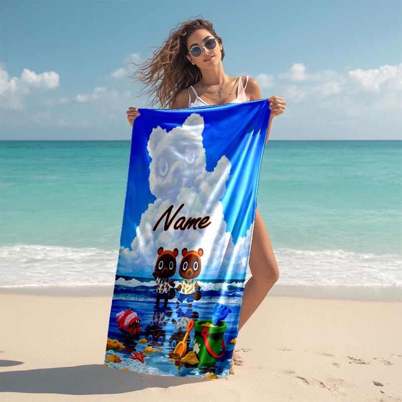 Personalized customized proof beach towel with Animal Crossing pattern - soft, absorbent, quick-drying, perfect swimming, camping&bathing