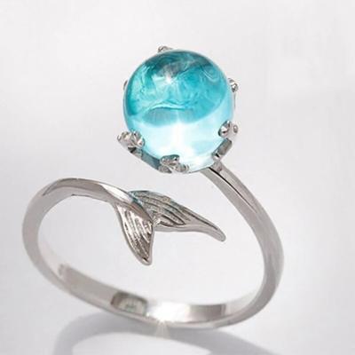 Anello Sirena Coda di Pesce Aperta Anello Regolabile in Vetro Blu per Donne