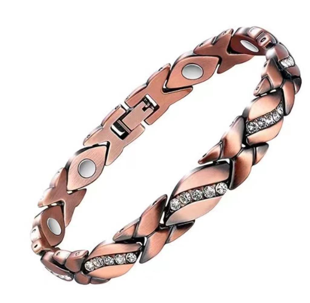 European and American Cross-Border Leaf Inlaid Diamond Magnetic Bracelet, Antique Red Copper, Brushed, Adjustable.