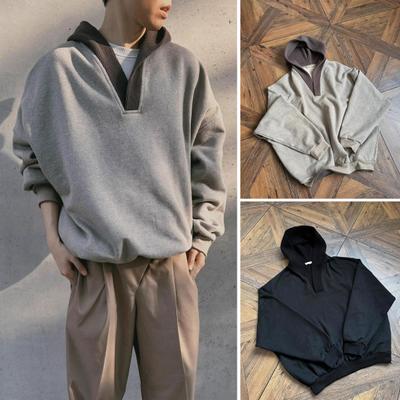 Men Autumn Winter Hoodie Yarn Hood Patchwork Loose Long Sleeves with Elastic Cuffs And