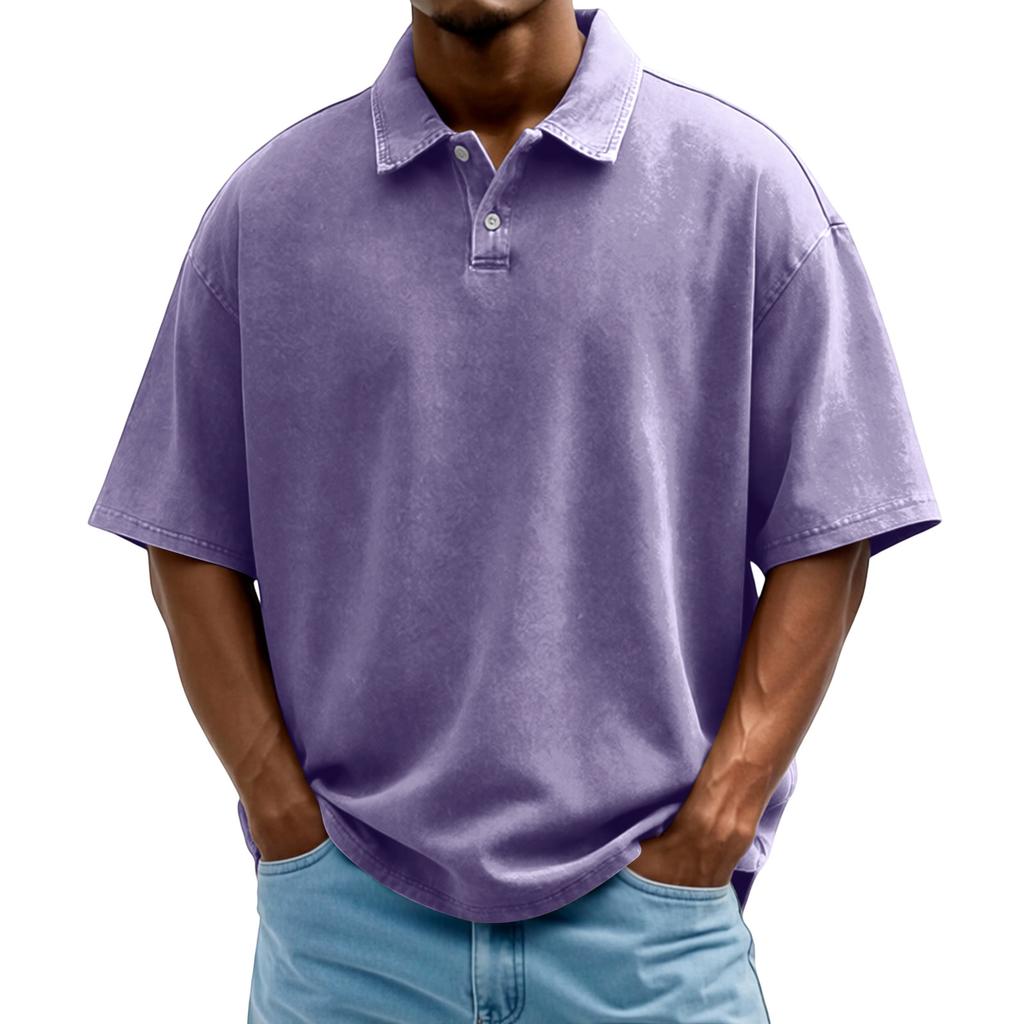 Men's Washed Vintage Polo Shirt Single Breasted Short Sleeve Casual Shirt with Turn Down Collar Loose Fit