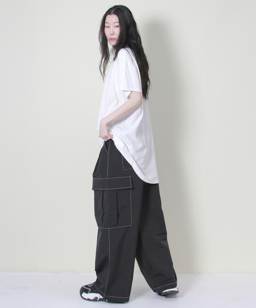 Deumakeu Real Street Wide Contrast Stitch Cargo Track Pants Black