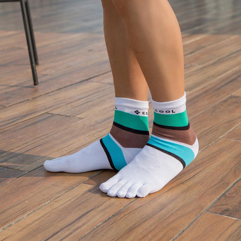 Men's Cotton Five-Toe Socks: Mid-Calf, High-Waist, All-Season, Medium Thickness, Wide Stripes, Sweat-Absorbent, Seamless.