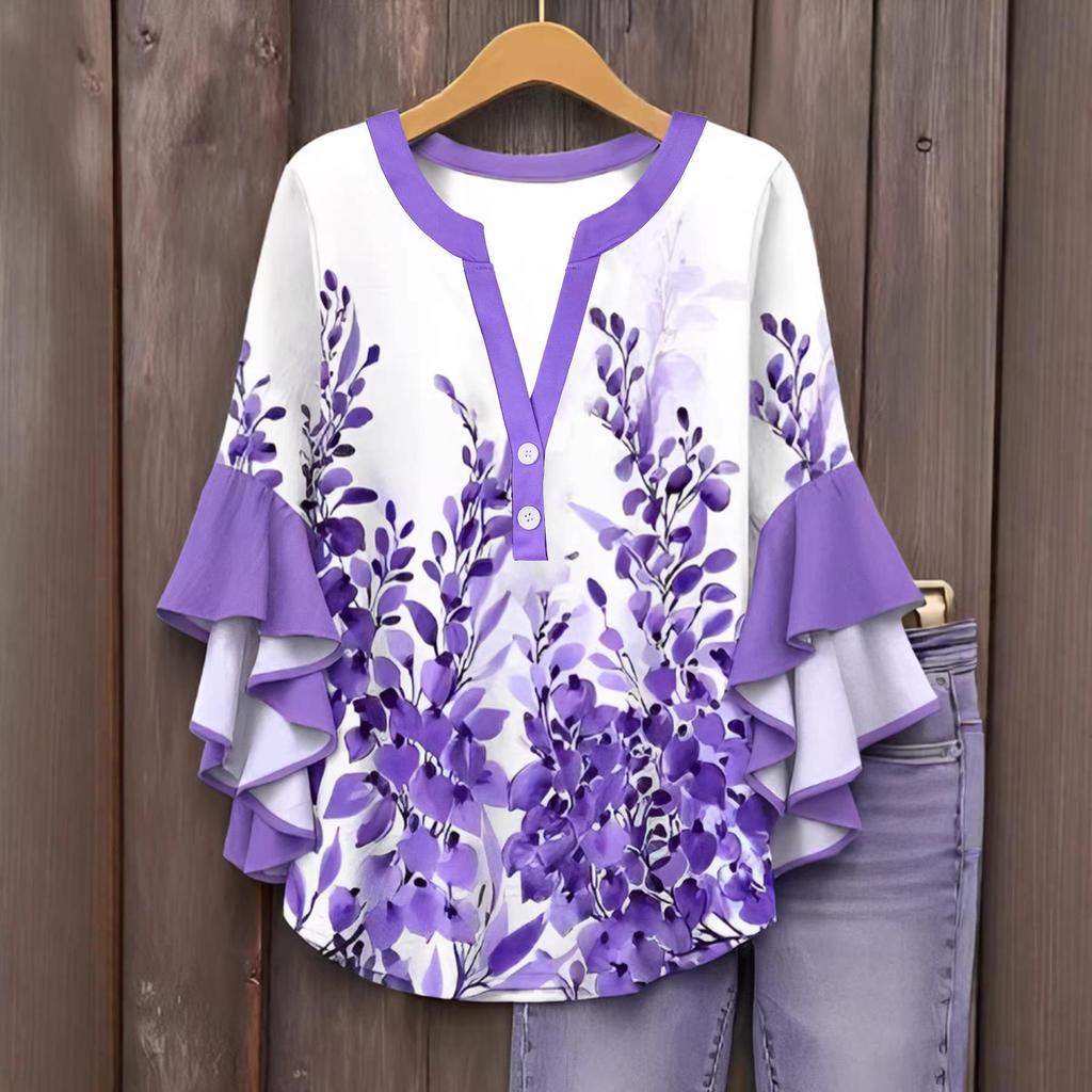 2026 European Floral Print V-neck Lace T-shirt for Women
