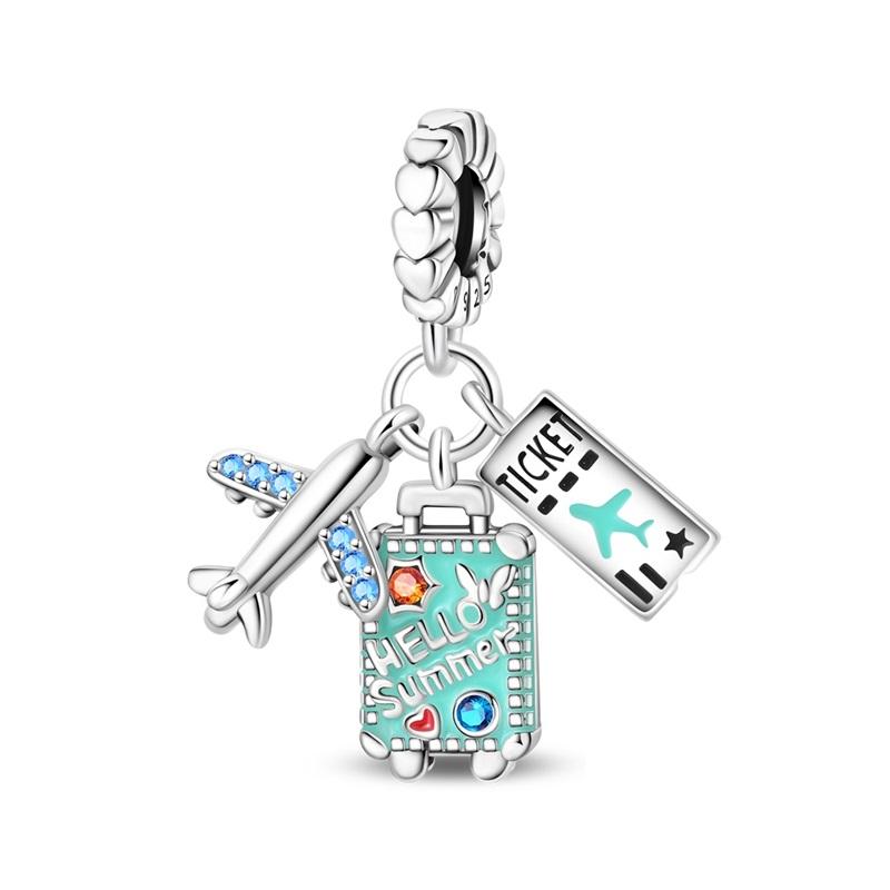 New 925 Silver Summer Suitcase Travel Airplane Camera Charms Pendant For Women Fit Bracelet DIY Jewelry Gifts