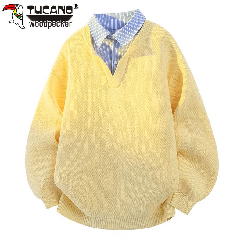 TUCANO Men's Faux Two-Piece Knit Shirt Collar Sweater