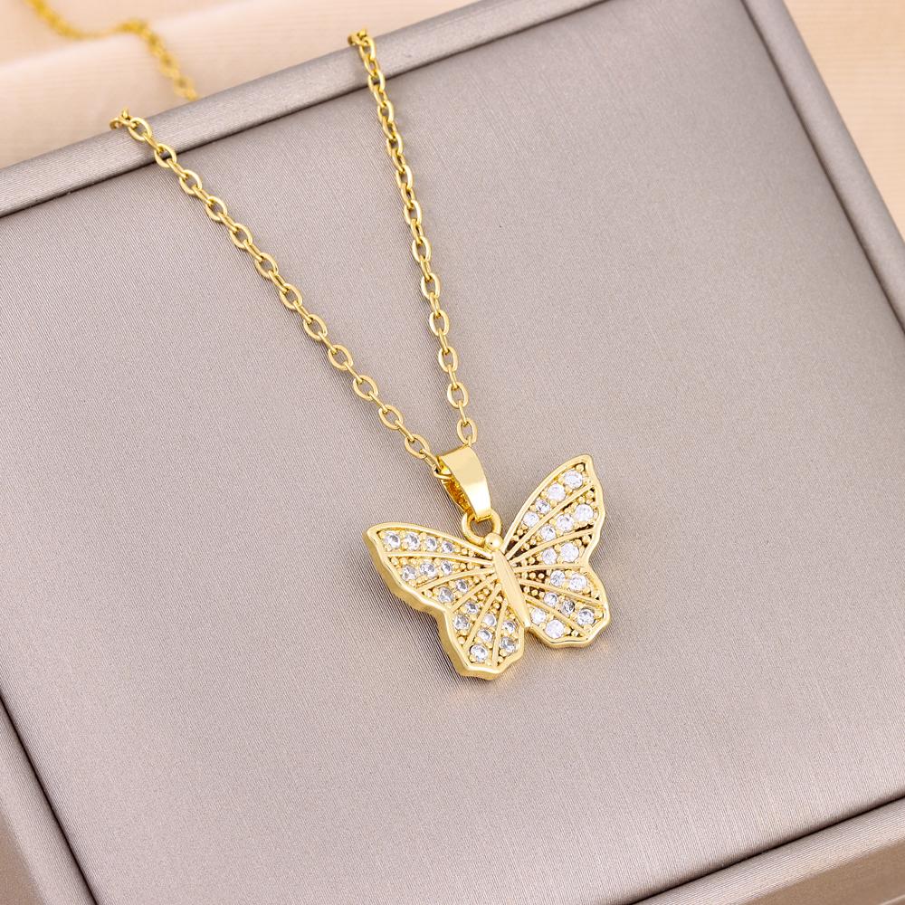 Trendy 18K Gold Plated Zircon Crystal Pendant Stainless Steel Necklace for Women Female Clavicle Chain Jewelry Lady Accessories
