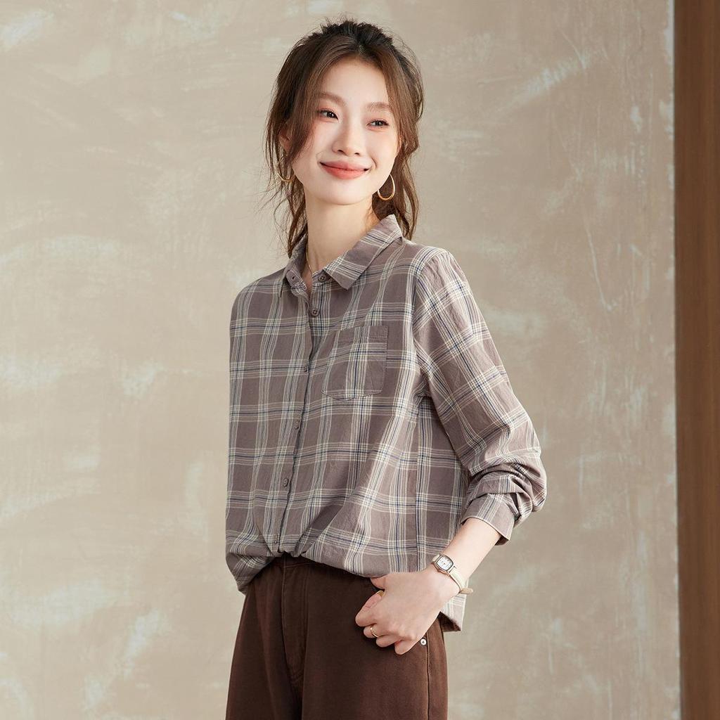 Women's High-End Cotton Plaid Long Sleeve Shirt - New for Spring & Autumn 2025, Loose Casual Fit