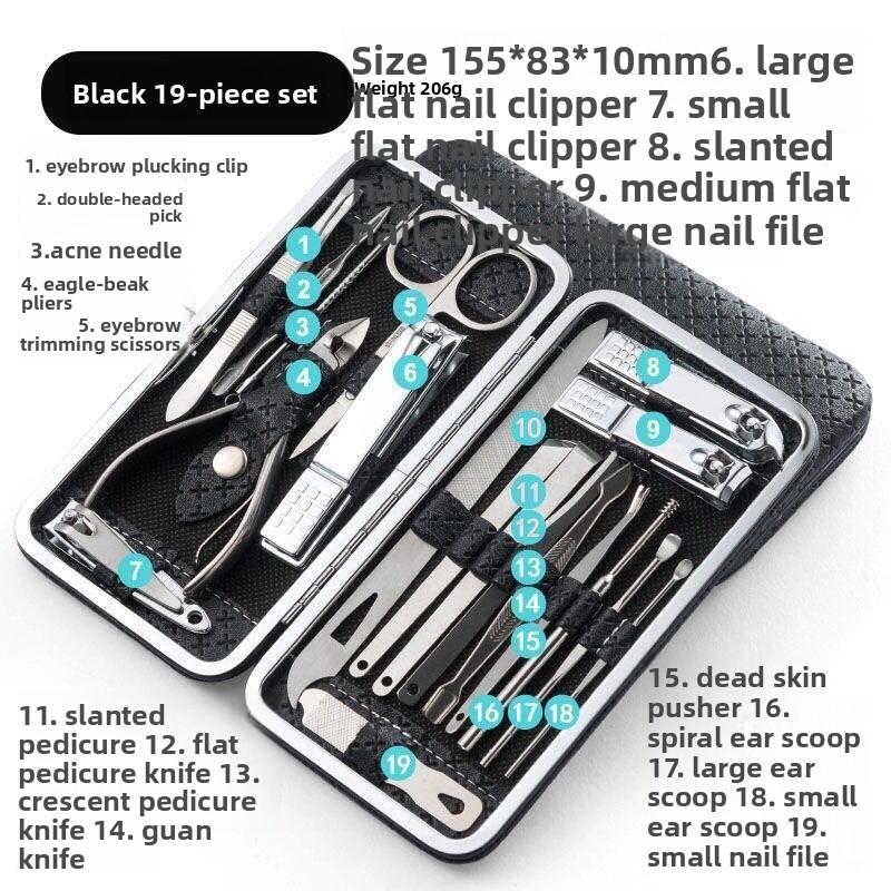 Professional 19 in 1 Nail Care Kit Stainless Steel Nail Clippers Set with Ear Spoon Pedicure Tools for Beauty Grooming
