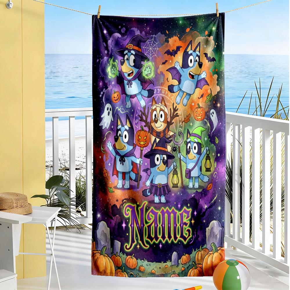 Halloween Bluey Party Personalized Name Beach Towel Quick-Dry Soft Microfiber