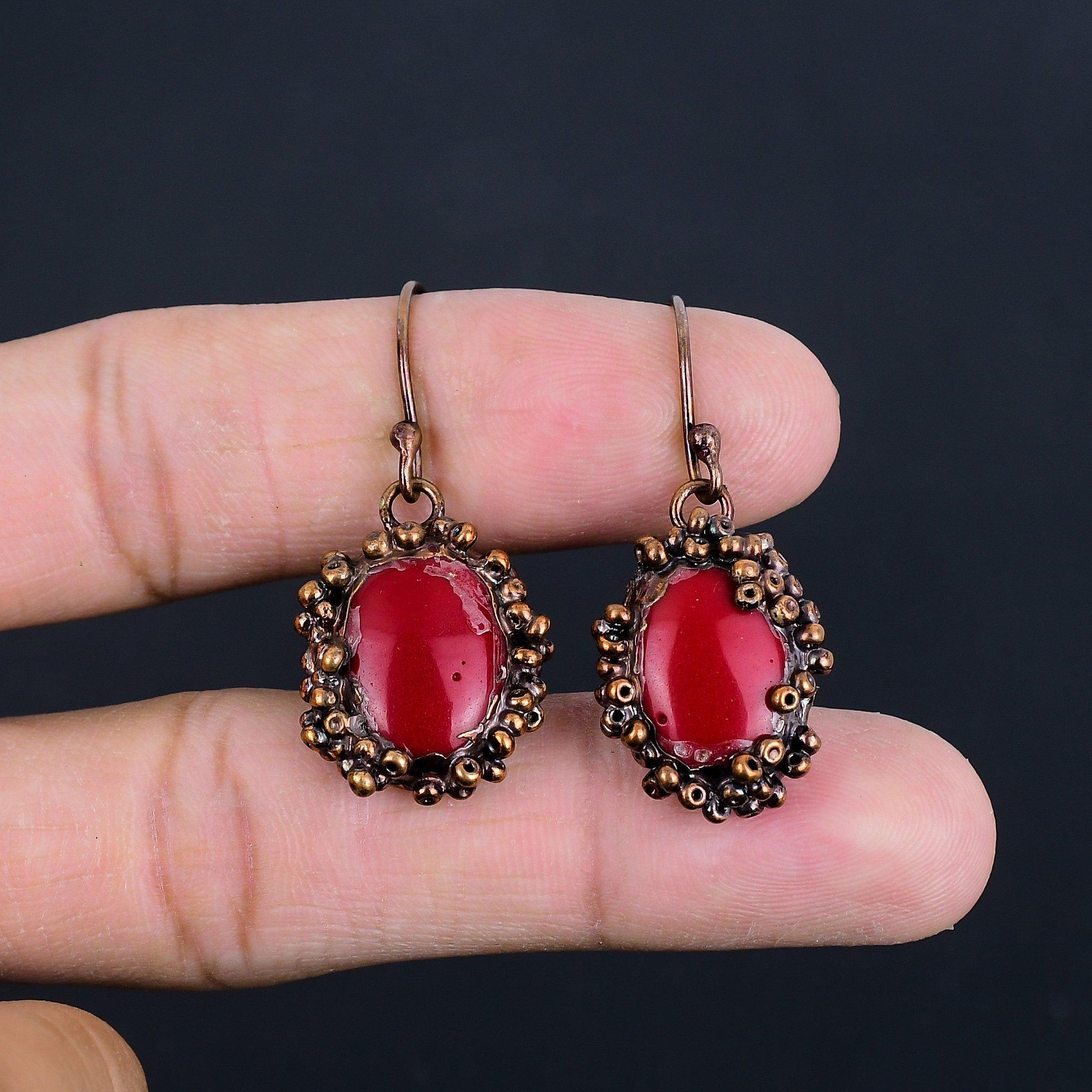 

Серьги из красного коралла ручной работы, серьги с гальванопокрытием медью, антикварные украшения, для подарка на помолвку 2.55 Inches