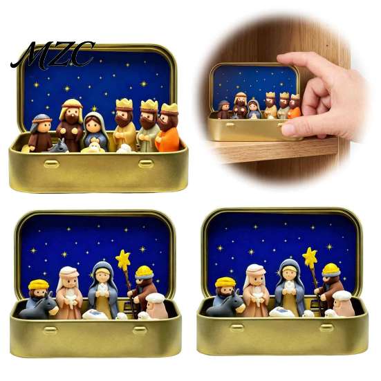 Mini Holy Night Figures Christmas Nativity Set in Tin Box, Hand-Painted Resin Scene Family Figurines, Portable Religious Tabletop Decor, Christian