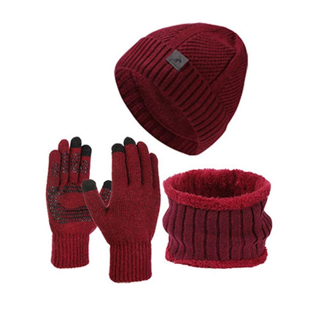 3Pcs/Set Plush Lining Knit Beanie Snood Set Warm Touchscreen Gloves for Men