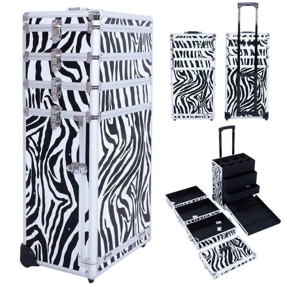 Professioneller Kosmetikkoffer mit großer Kapazität, tragbarer Aluminium-Make-up-Organizer-Koffer-Trolley für Damen, Reise-Make-up, Pink/Schwarz, 4-in-1